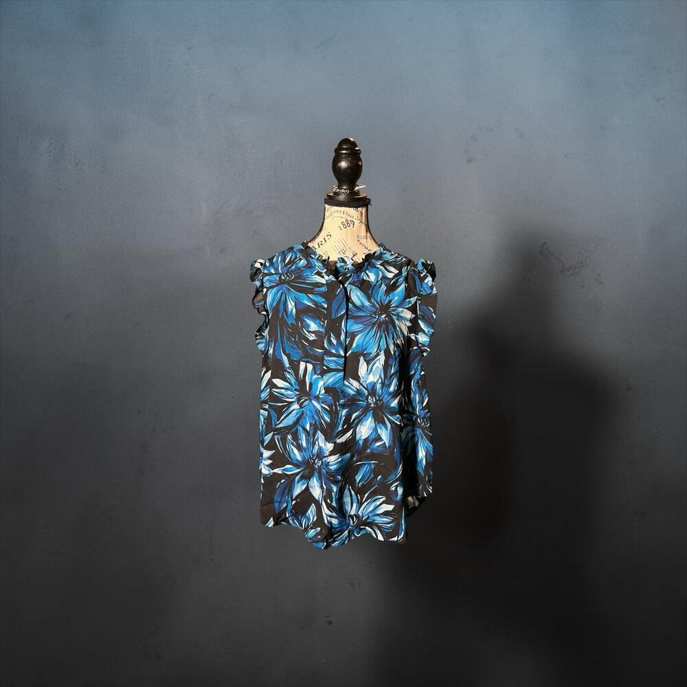 NWT DKNY Women's Blue Floral Printed Ruffle-Trim Blouse Top Size XL